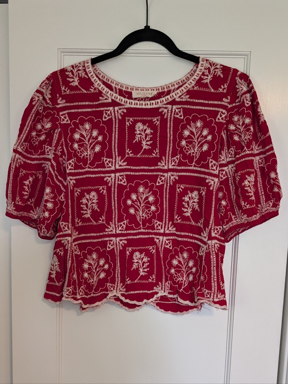 Solitaire Red Top With White Floral Embroidery